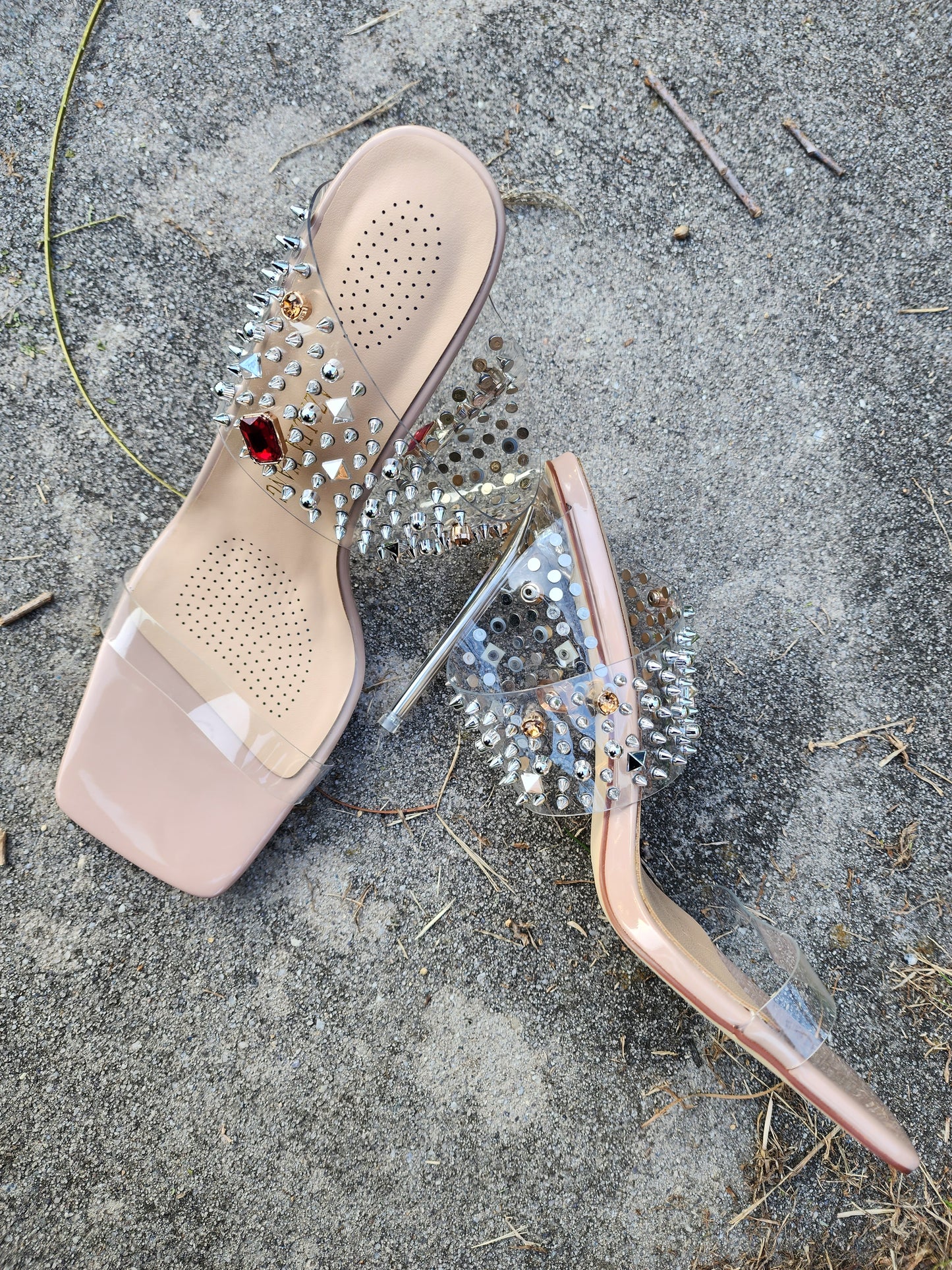 Azalea Wang Clear Spiked Strap Heels