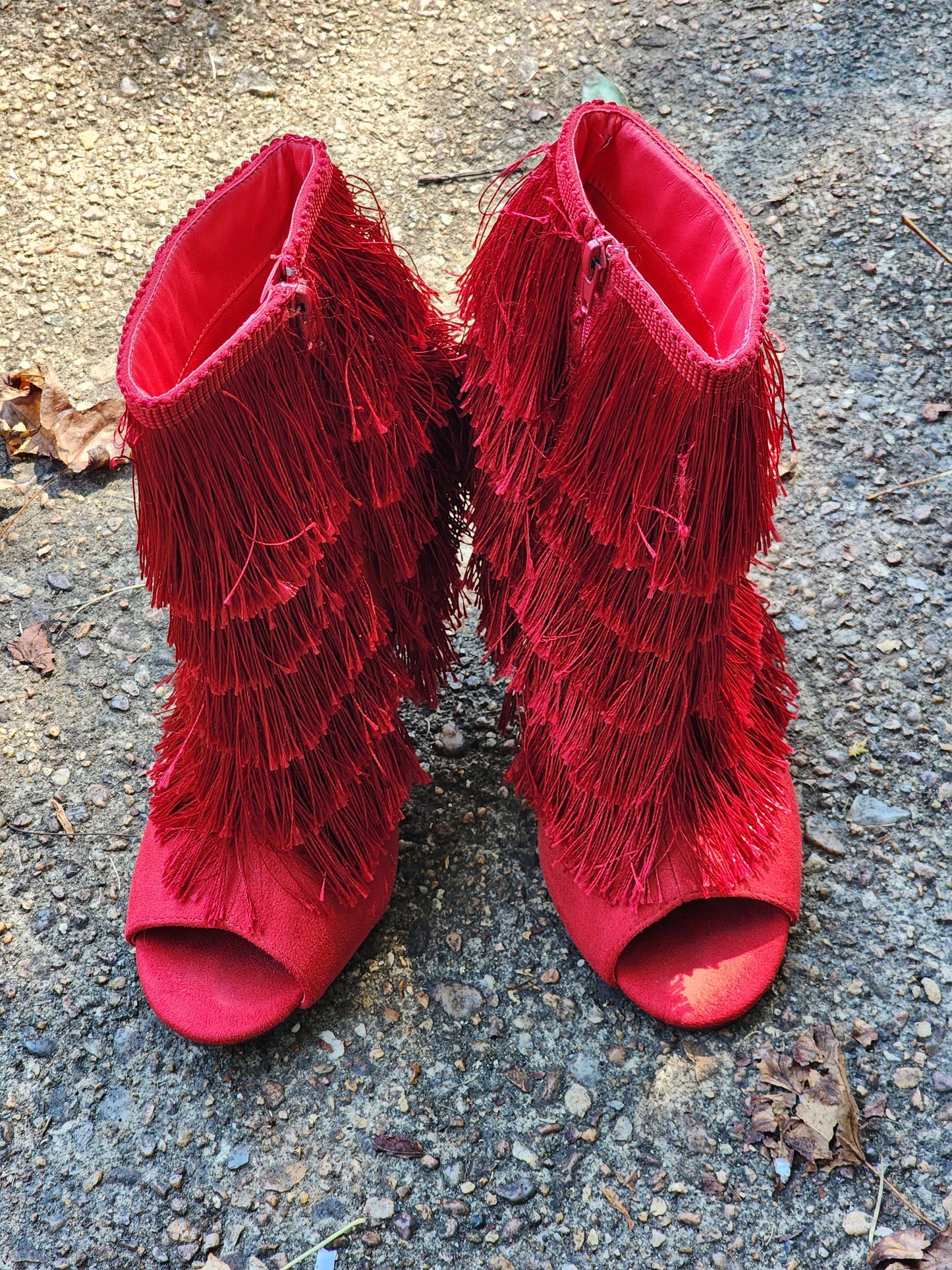 Red Fringe Peep-Toe Heels