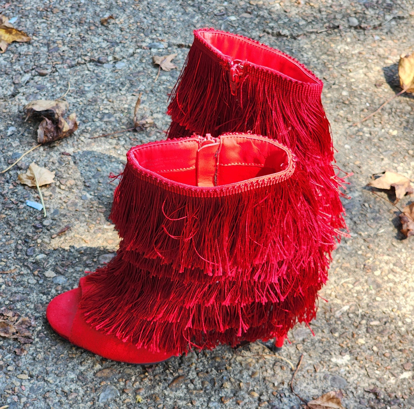 Red Fringe Peep-Toe Heels