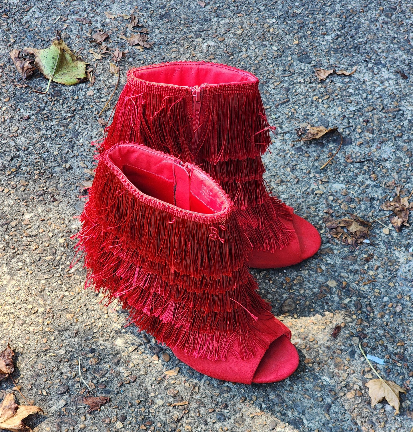 Red Fringe Peep-Toe Heels