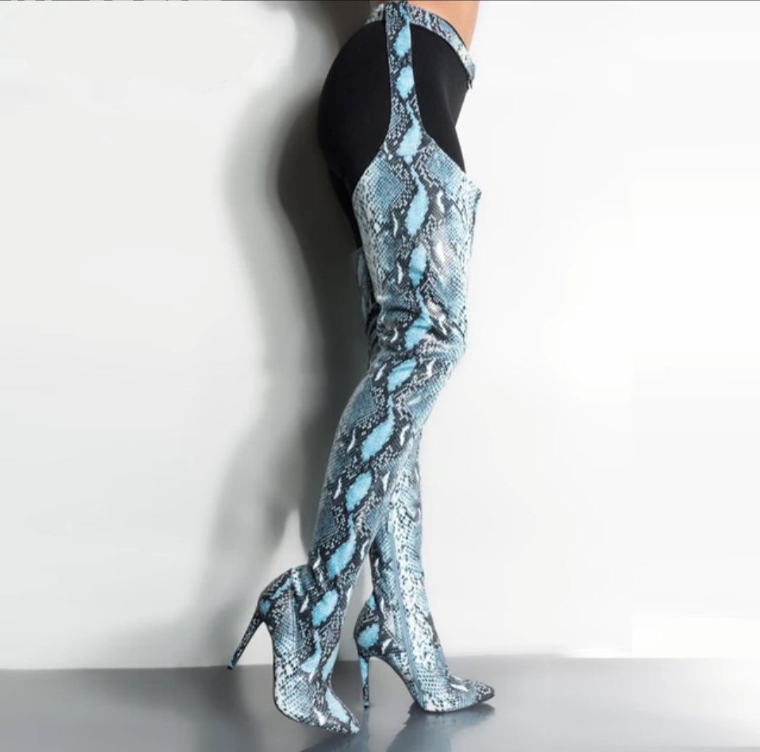 Blue Snakeskin Print Thigh-High Boots