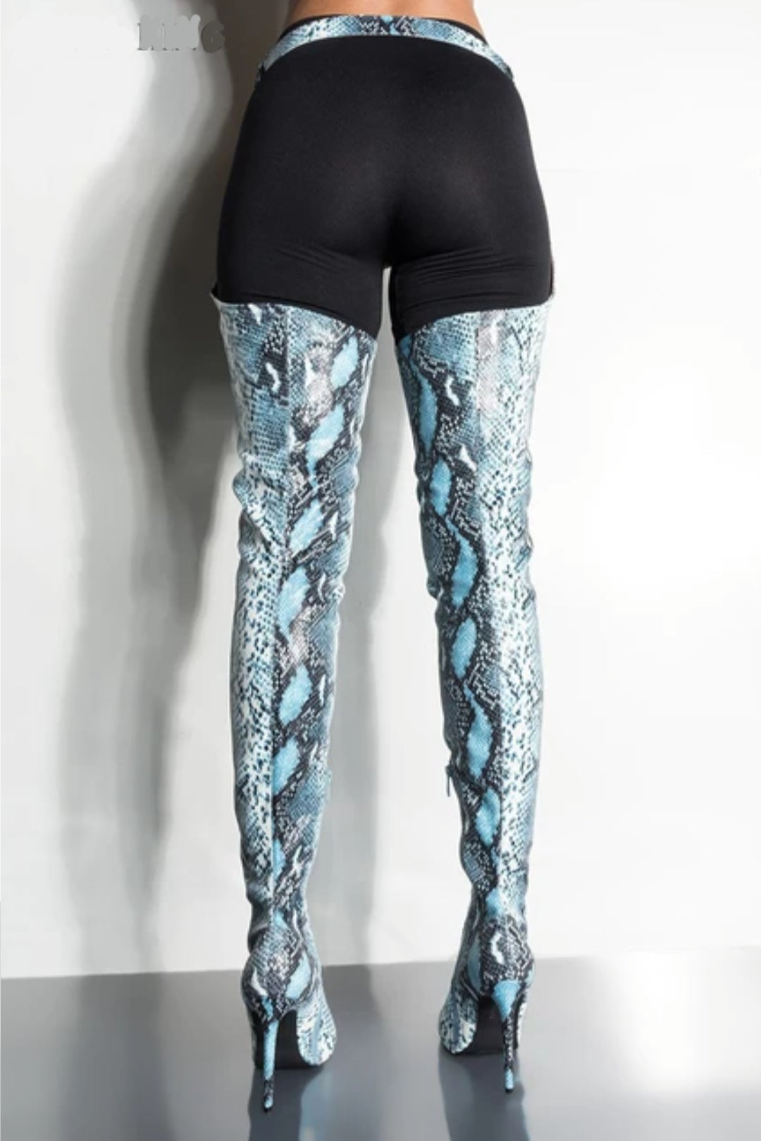 Blue Snakeskin Print Thigh-High Boots