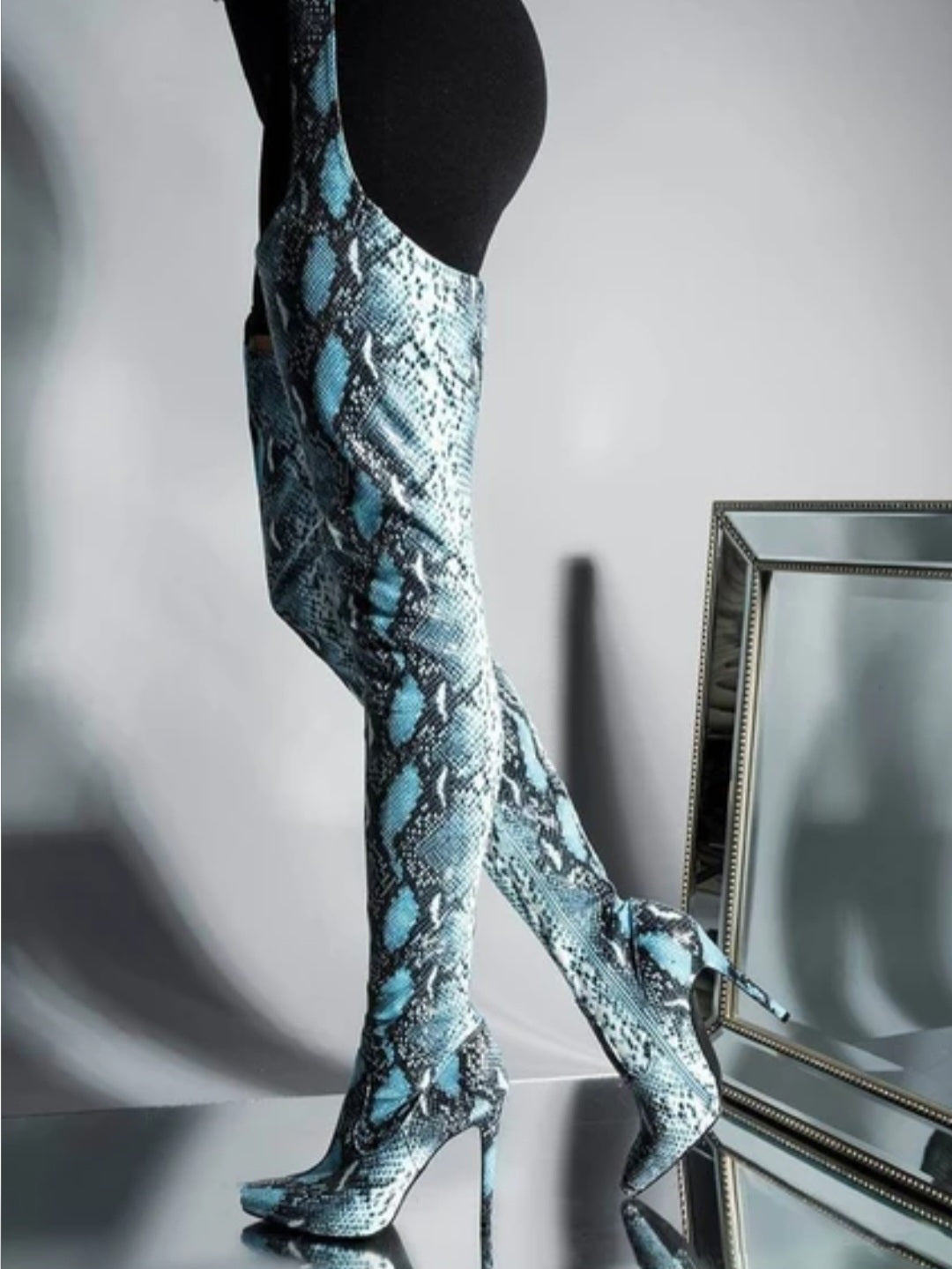 Blue Snakeskin Print Thigh-High Boots