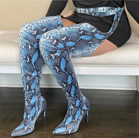 Blue Snakeskin Print Thigh-High Boots