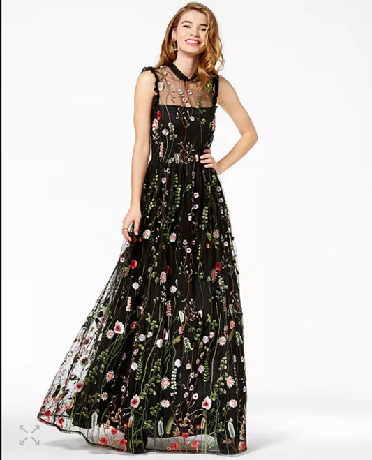 Floral Embroidered Black Maxi Dress