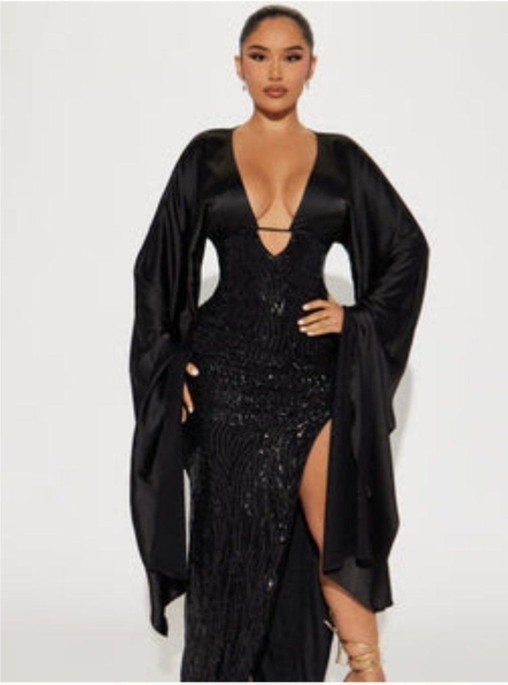 Dramatic Sleeve Black Sequins Dress