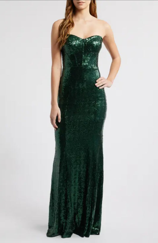 Green Strapless Sequins Evening Gown