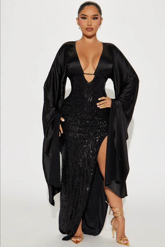Dramatic Sleeve Black Sequins Dress