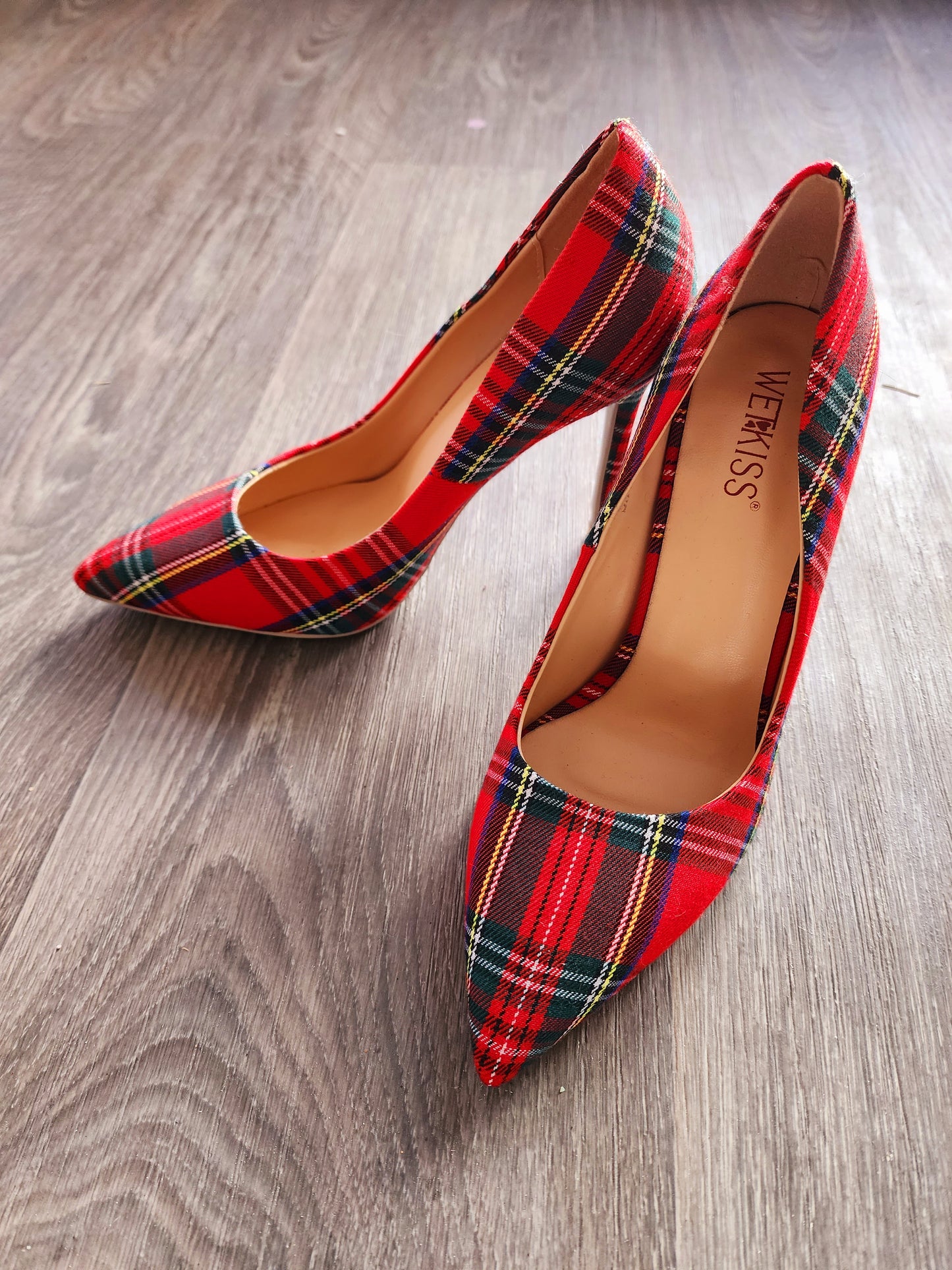 Red Plaid Wet Kiss Pumps