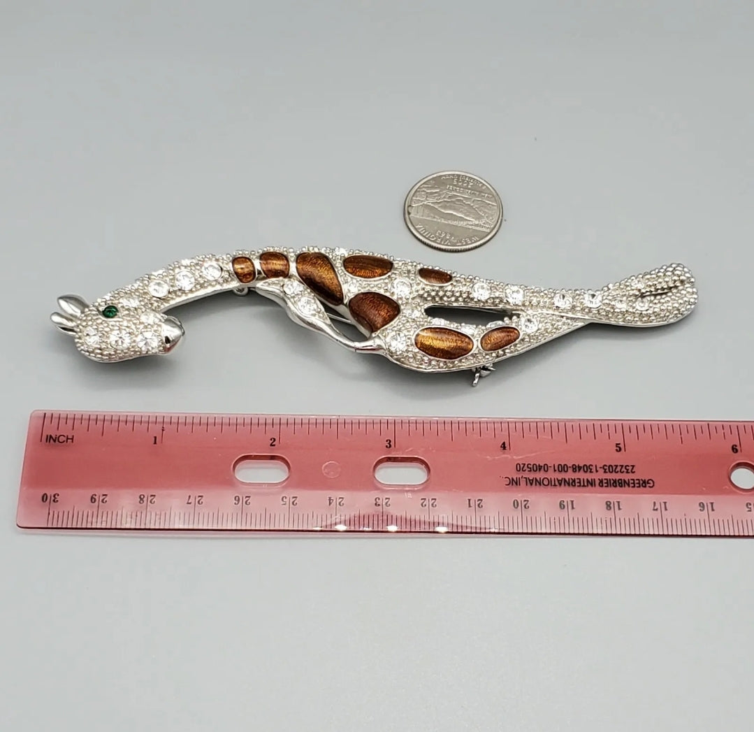 Large Giraffe Silver Tone Rhinestone and Brown Enamel Brooch Pin