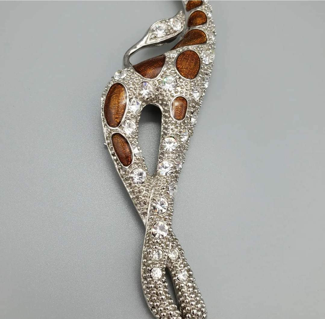 Large Giraffe Silver Tone Rhinestone and Brown Enamel Brooch Pin