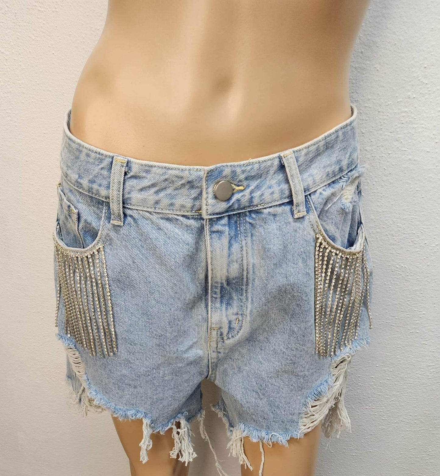 Diamond Tassels Ripped Denim Shorts