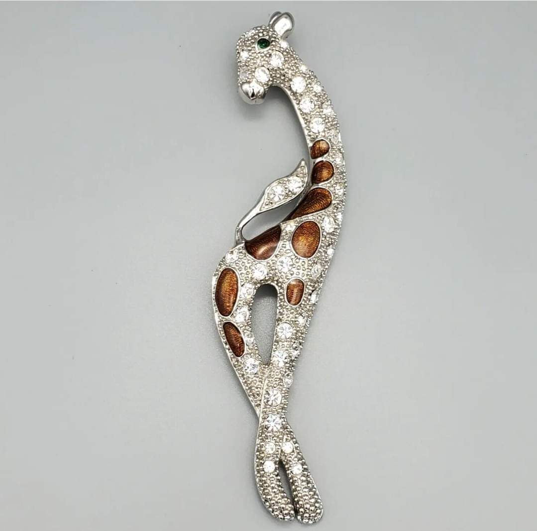 Large Giraffe Silver Tone Rhinestone and Brown Enamel Brooch Pin