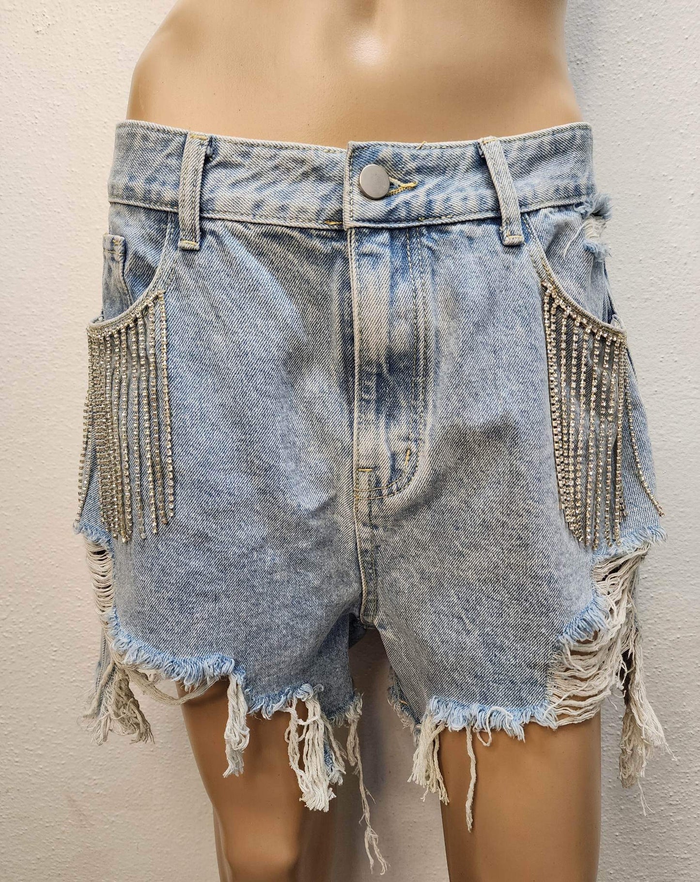 Diamond Tassels Ripped Denim Shorts