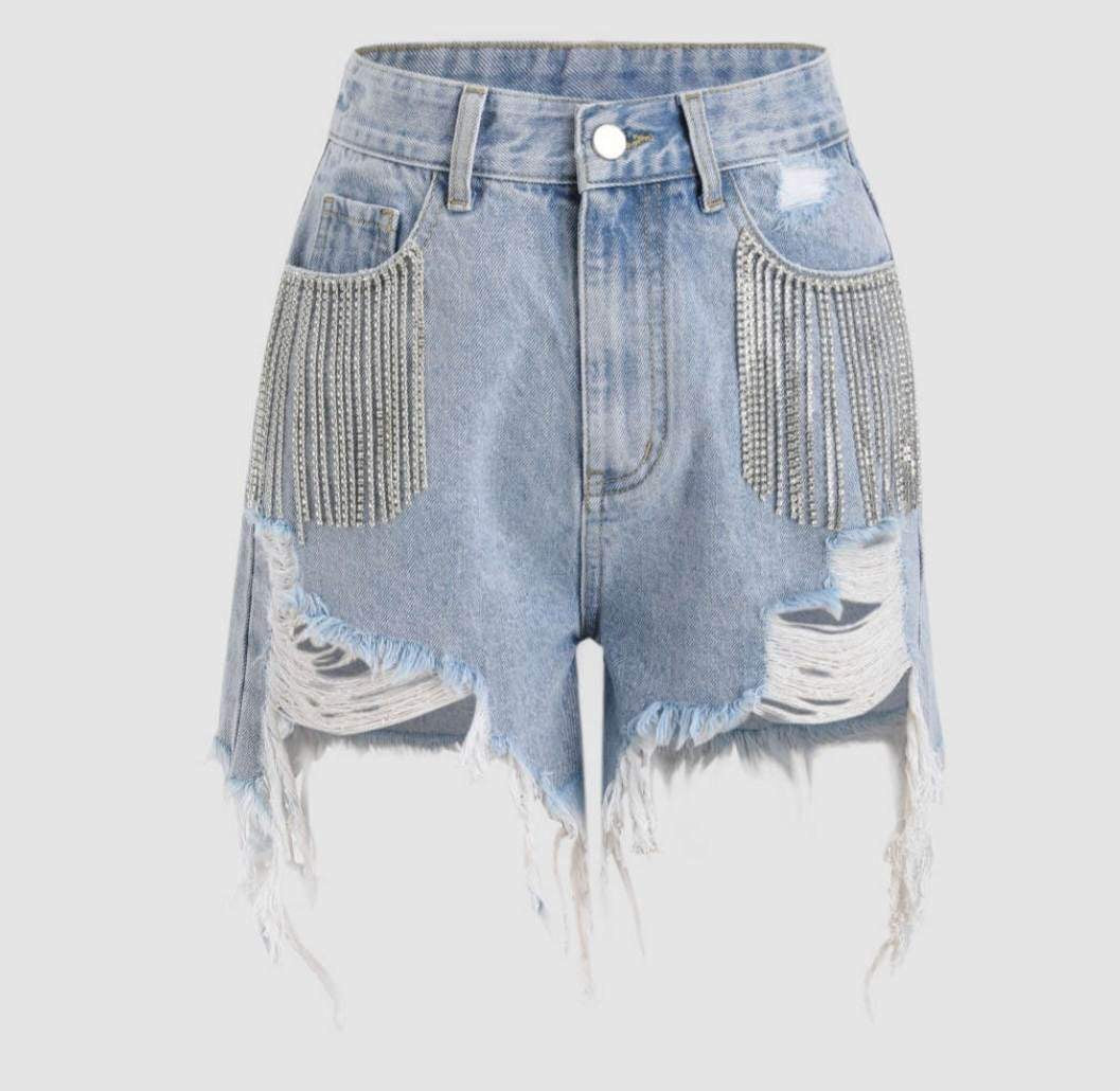 Diamond Tassels Ripped Denim Shorts