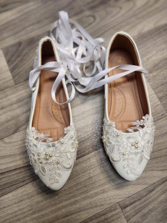 White Lace-up Ribbon & Faux Pearl Flats