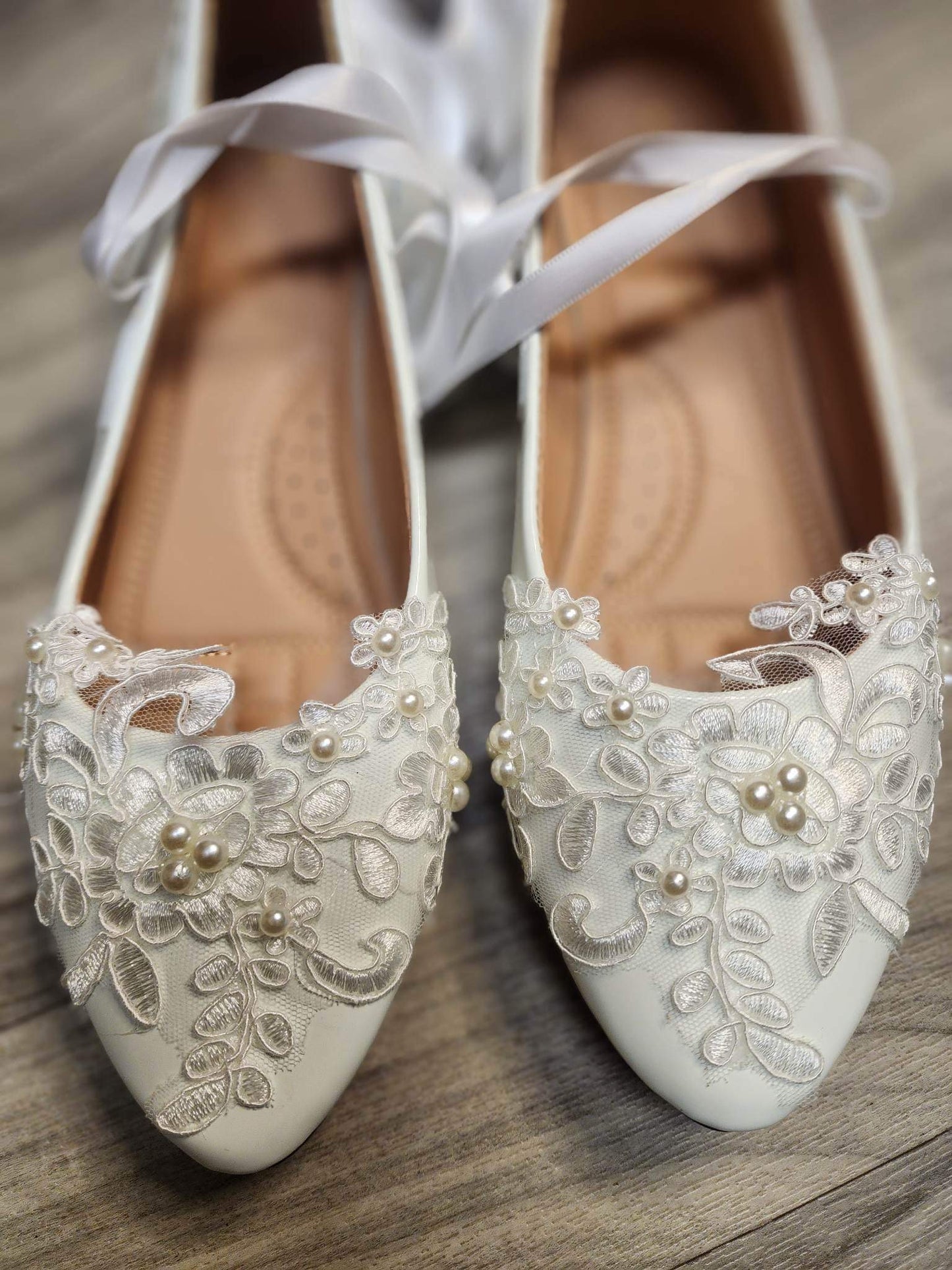 White Lace-up Ribbon & Faux Pearl Flats