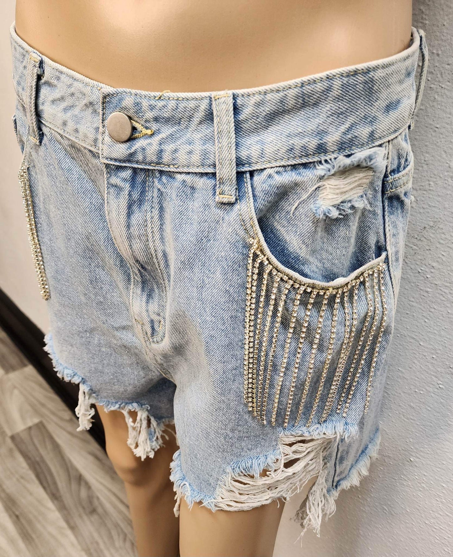 Diamond Tassels Ripped Denim Shorts