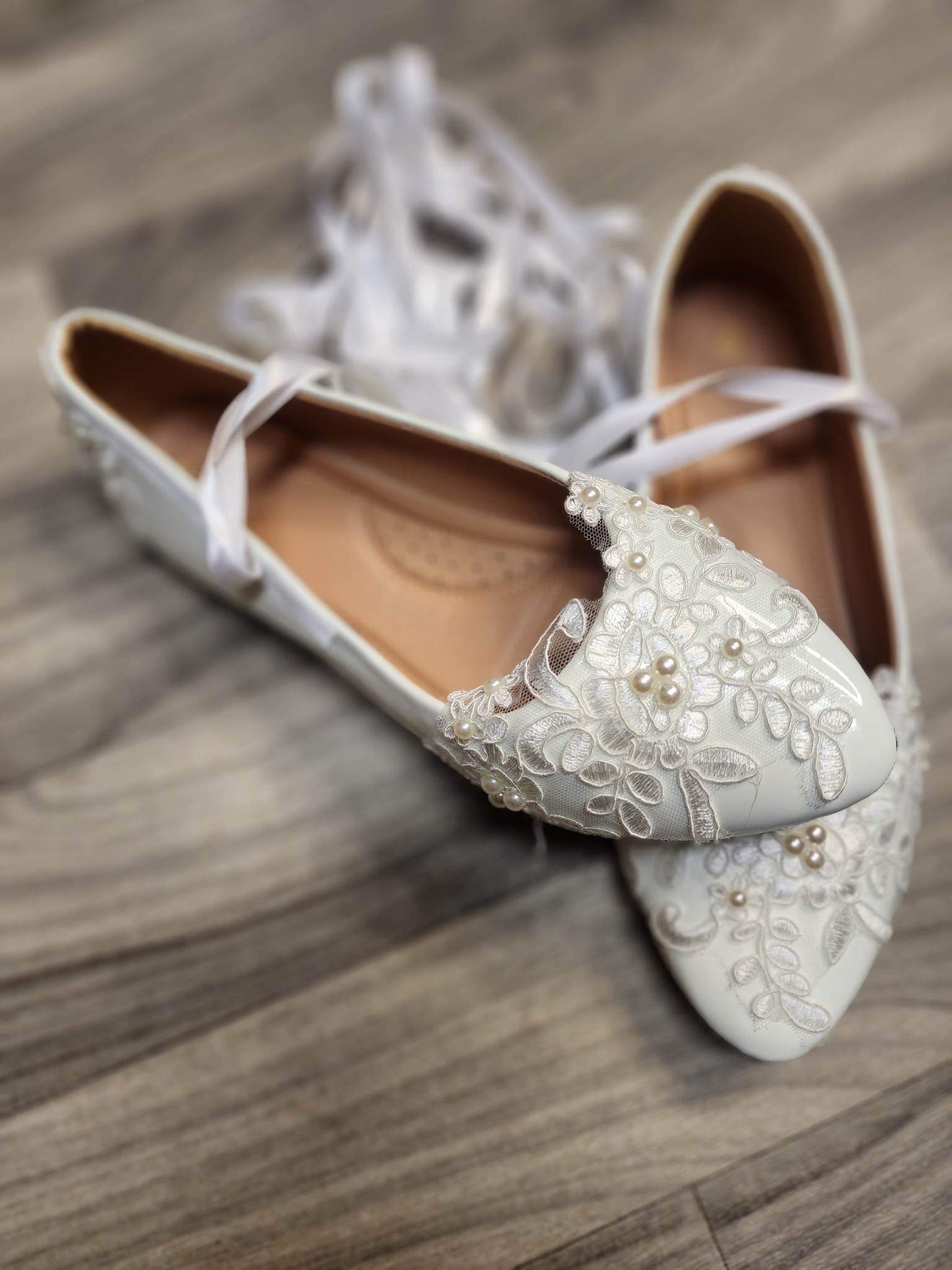 White Lace-up Ribbon & Faux Pearl Flats