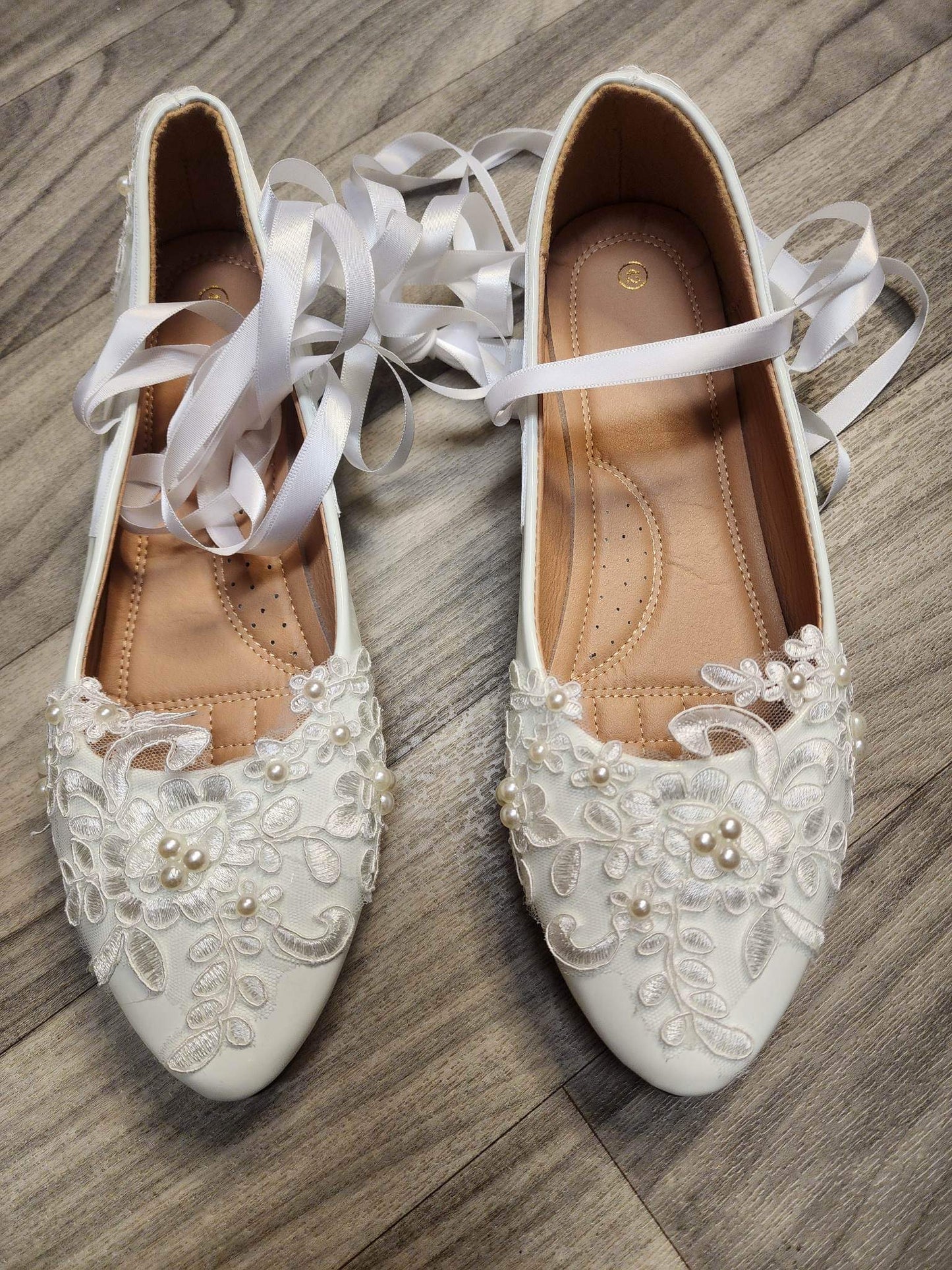 White Lace-up Ribbon & Faux Pearl Flats