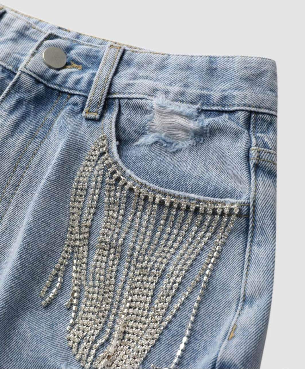 Diamond Tassels Ripped Denim Shorts